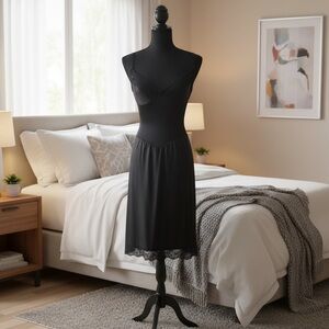 Sears Vintage Slip Dress Long Black Lace Trim Silk Lingerie Sleepwear Bra SZ 34B